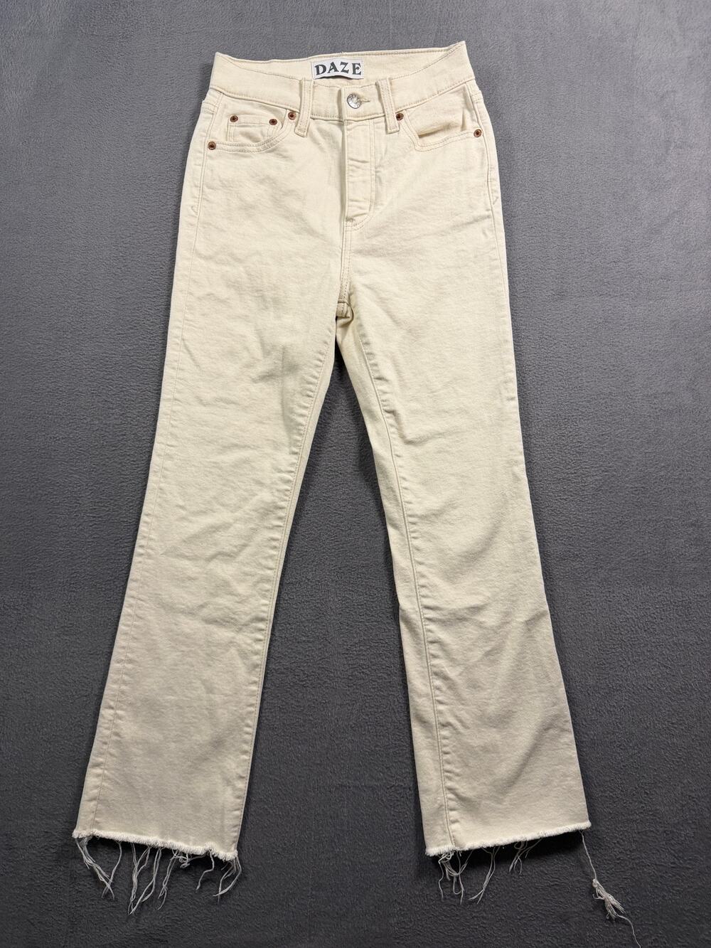 Daze Denim Cream Off White High Rise Straight Leg Fray Hem Jeans Women's Size 24